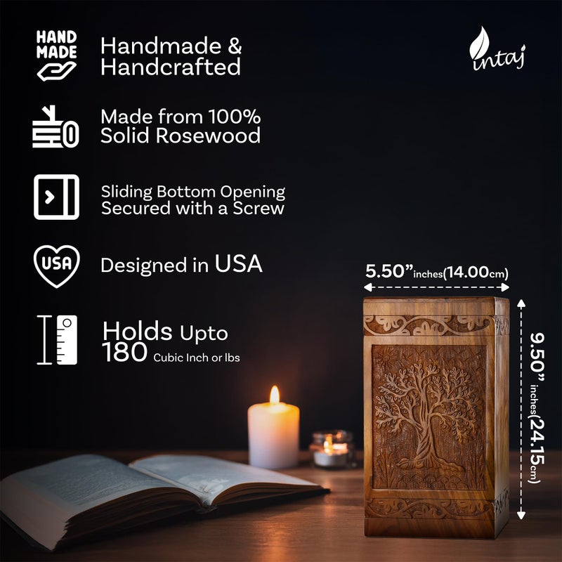 INTAJ Wooden Tree of Life Cremation Urns for Human Ashes â€“ Memorial Urn Box and Casket for Adult Male, Female, Child, or Pets (Cat/Dog) â€“ Burial Funeral Urn Holds Up to 180 Cubic Inches of Ashes - Image 2